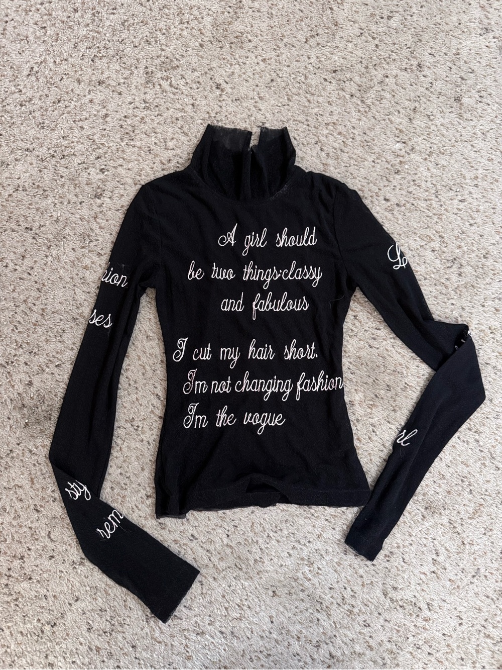 Aesthetic Embroidered Quote Long Sleeve Mesh Turtleneck Top